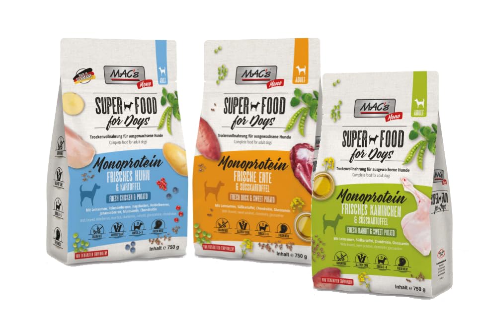 Mac's Dog Trockenfutter Multipack 3 x 750g | Huhn, Ente, Kaninchen | Mono | Getreidefrei und gut verträglich | hergestellt in der Eifel | Premium Trockenfutter für Hunde