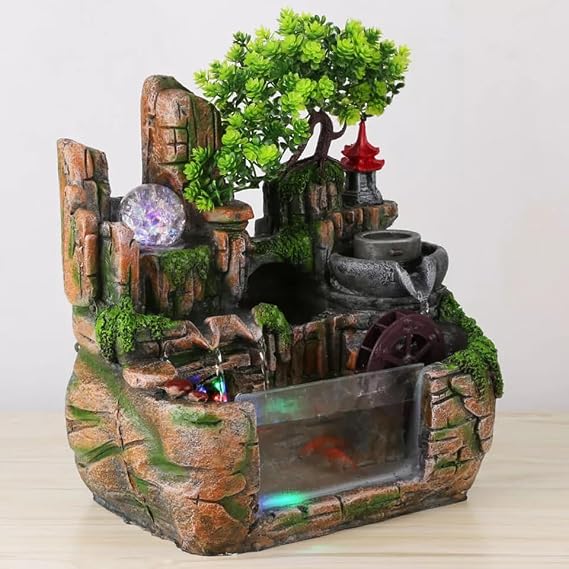 Indoor Desktop Relaxation Waterfall Small Artificial Bonsai Mini Rock Fountain with LED Lights & Atomizer,Illuminated Waterfall for Home Office Bedroom Desk Decor (Style 2)
