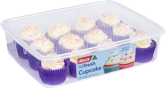 Décor Tellfresh Cupcake carrier with lid, our stackable BPA-Free large plastic Cup Cake tray hold up to 12 Muffins, doughnuts, Ideal for transporting freshly baked goods to events, 4L, Clear