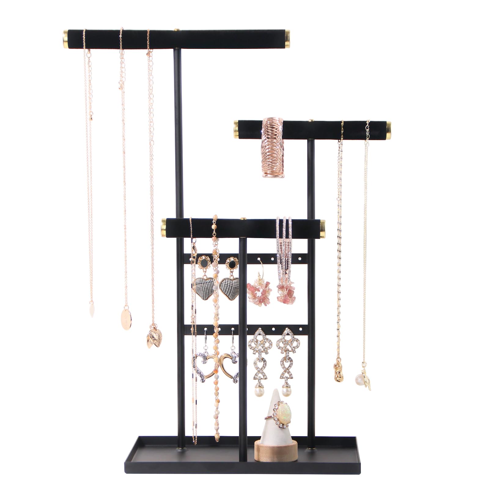 Coward 3 Tier Necklace Bracelet Earring Holder Stand, Jewelry Display Organizer with Tray, Velvet T-Bar Necklace Organizer Stand, Multi-use Metal Jewelry Holder Rack for Men Women (Black)