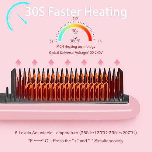 Miniatura 3 de Cepillo alisador de cabello para mujer, 6 temperaturas 20s calor rápido PTC, cerámica eléctrica de iones negativos, peine eléctrico 2 en 1 de