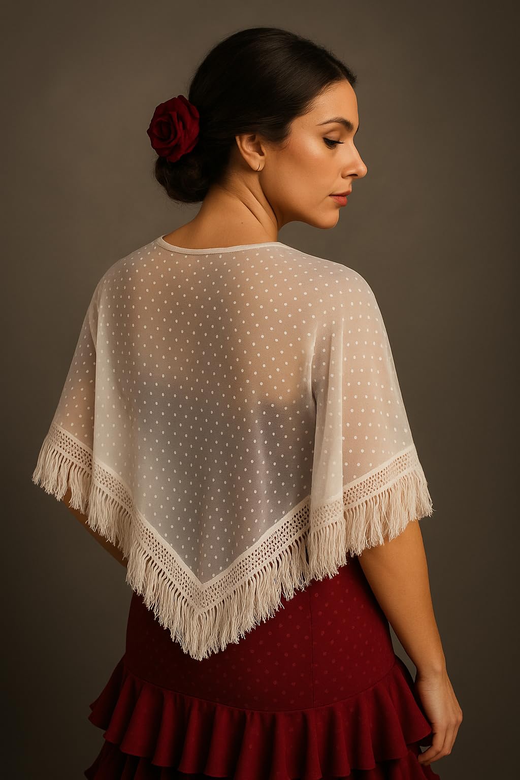 Châle Flamenco pour Femme Plumeti - Semi-transparent Noir ou Blanc - Franges en Coton 10 cm - 150x75 cm - Lavable en Machine - Style Sévillane élégant, idéal pour danse, fêtes ou spectacles.