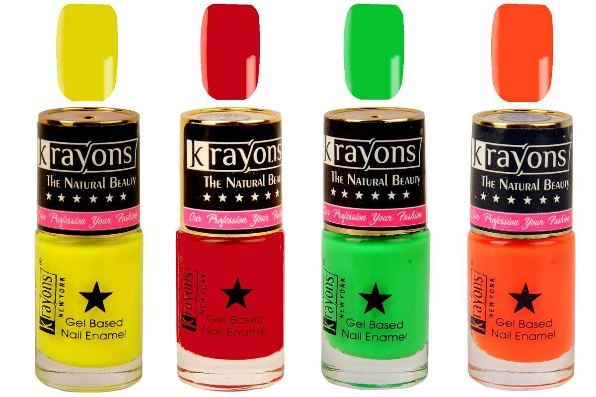 Krayons Gel Base Glossy Effect Nail Polish Enamel Color Combo Of 4 Trendy Shades, 24ml Safe Dry Fast Collection For Women, Teens, Kids (Signal Red, Neon Yellow, Neon Green, Neon Orange)(Pack Of 4), Multi-Coloured, 5 ml (Pack of 4)-image-6
