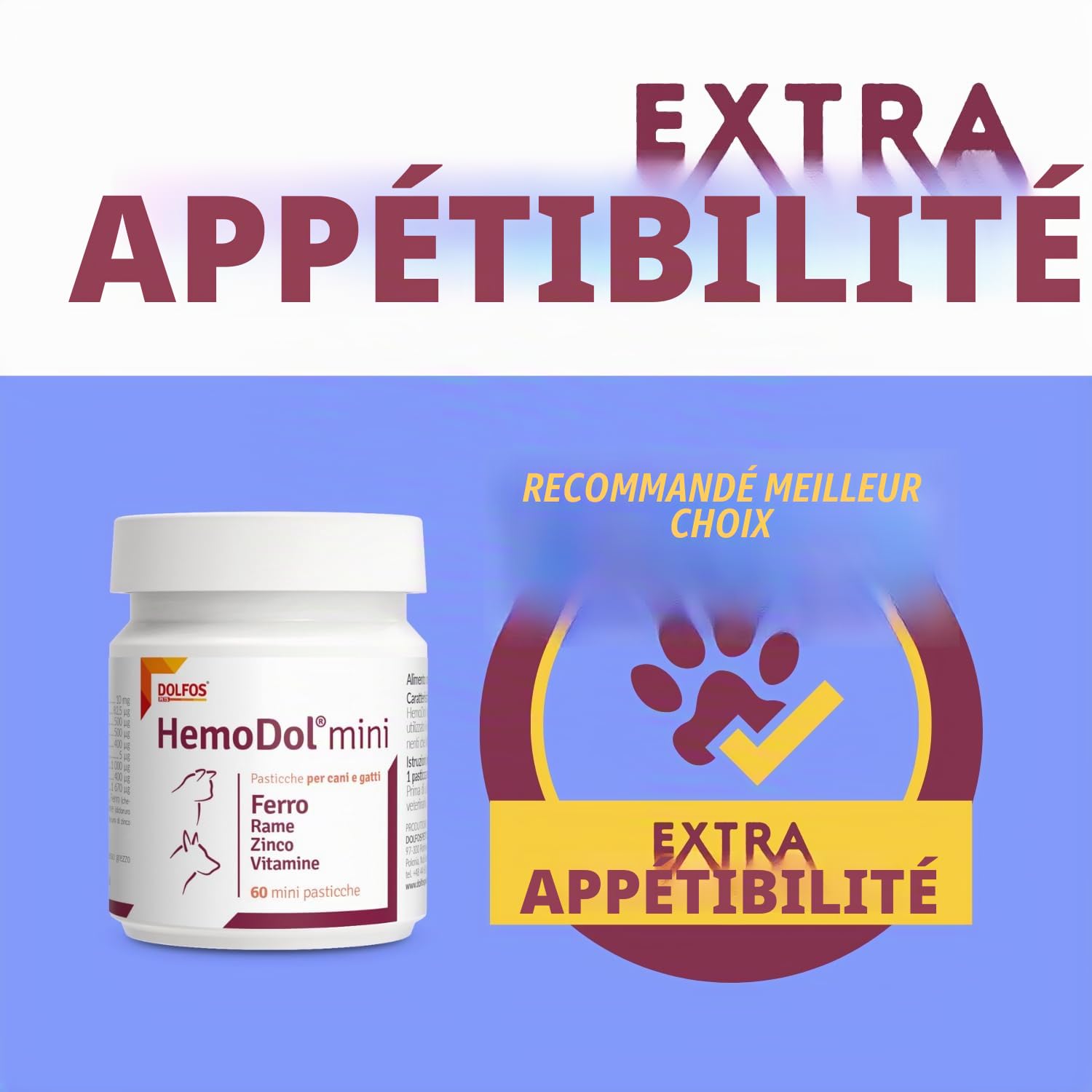 Pets Dolfos Hemodol 60 Mini comprimés - Support complémentaire pour chien et chat pour anémie - Formule avancée contre la carence en fer - Contient du fer, du cuivre zinc et des vitamines