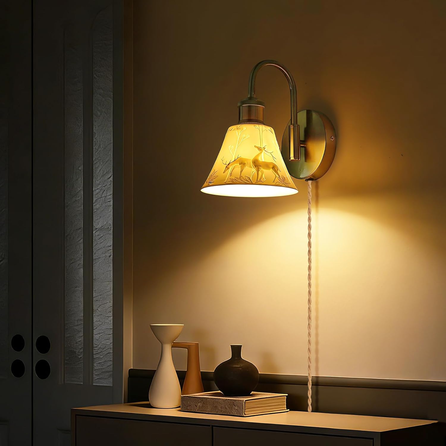 Vintage Ceramic Plug-in Wall Sconces Set of Two, Gold Embossed Wall Sconce Lights with Cord and Switch, Antique Plug in Wall Lamp Fixture for Bedroom Bedside Living Room