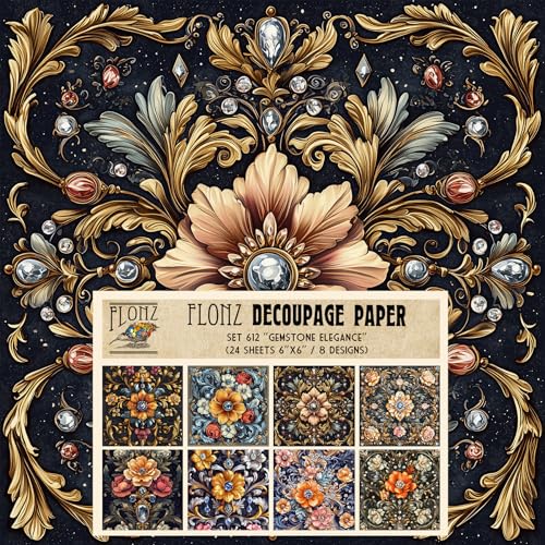 Flonz Decoupage Paper Pack (24 Sheets 6"x6") - Multi-Colored, High Gloss, Square, Acid-Free, Lignin-Free, 30 Years No Fade Guarantee - Perfect for Crafts, Scrapbook