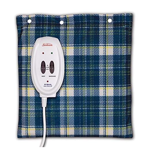 Sunbeam Heating and Massage Pad for Pain Relief | Small Flexi-Soft, 2 Heat & 2 Massage Settings with Auto-Off | Blue Plaid, 12-Inch x 12-Inch