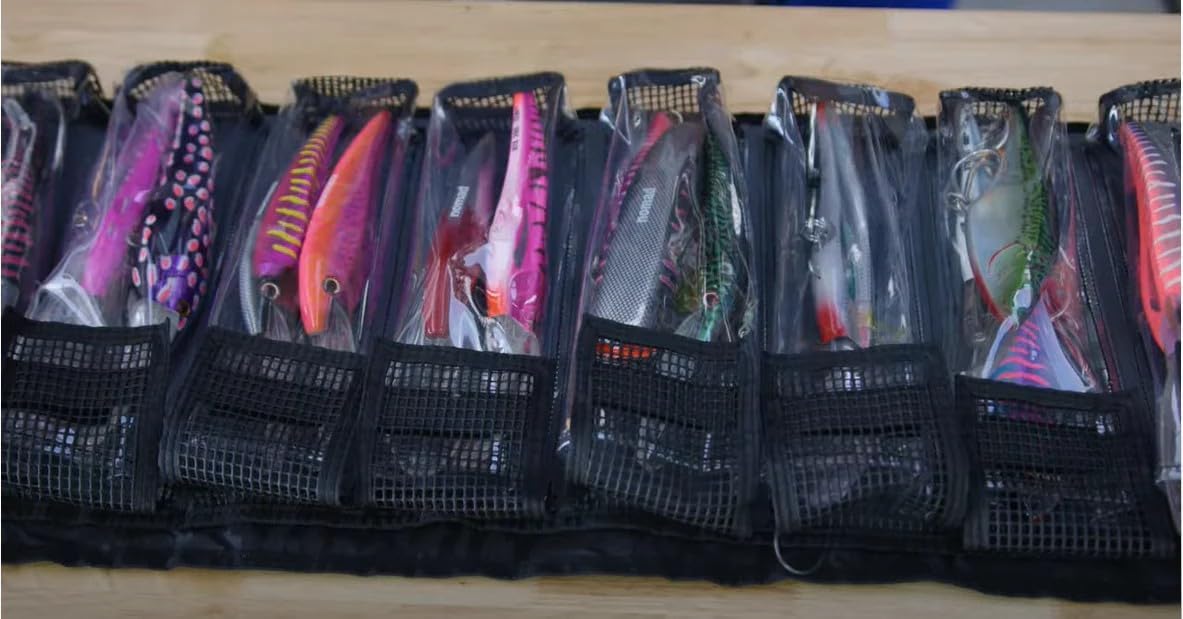 Nomad Design Lure Roll - Large Size with 10 Pockets Respectively, Portable Waterproof Tarpaulin Fish Lure Bag - Heavy Duty PVC Window, Mesh Cleaning & Drying Tabs
