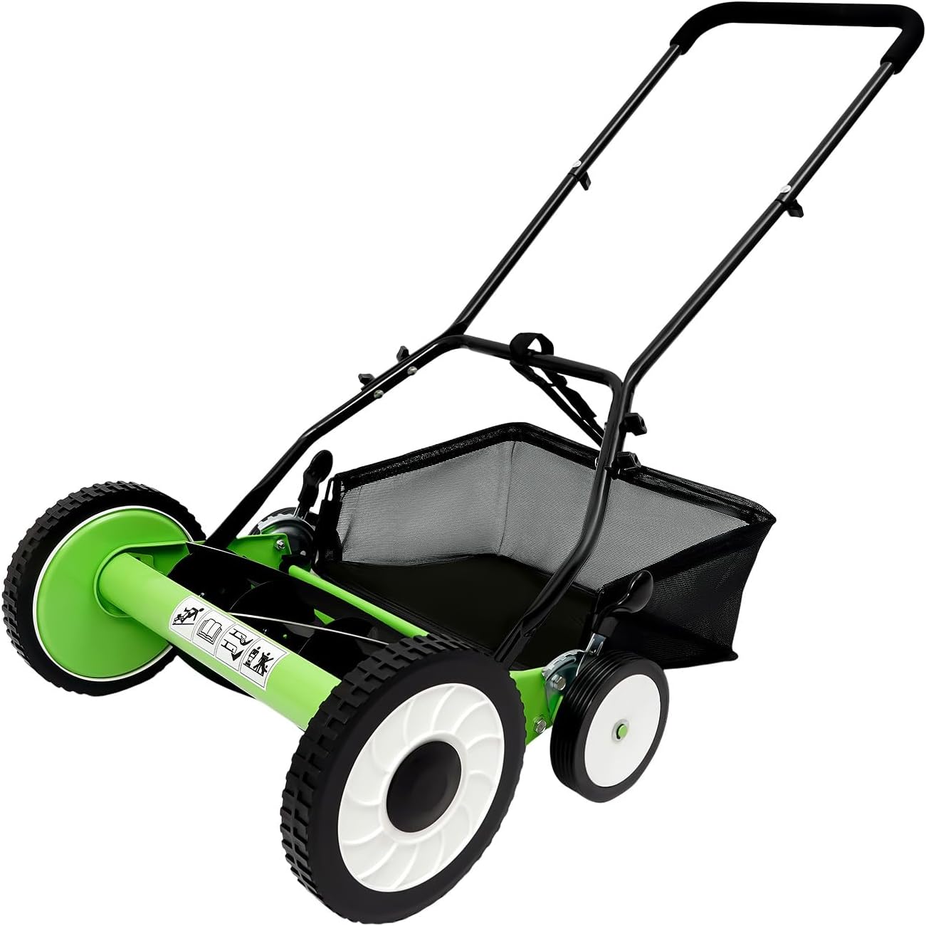 16-Inch 5-Blade Cordless Manual Reel Lawn Mower, Adjustable Cutting/Handle Height Grass Cutter with Grass Catcher, Quiet Push Mower for Villa Yard, Park, Green