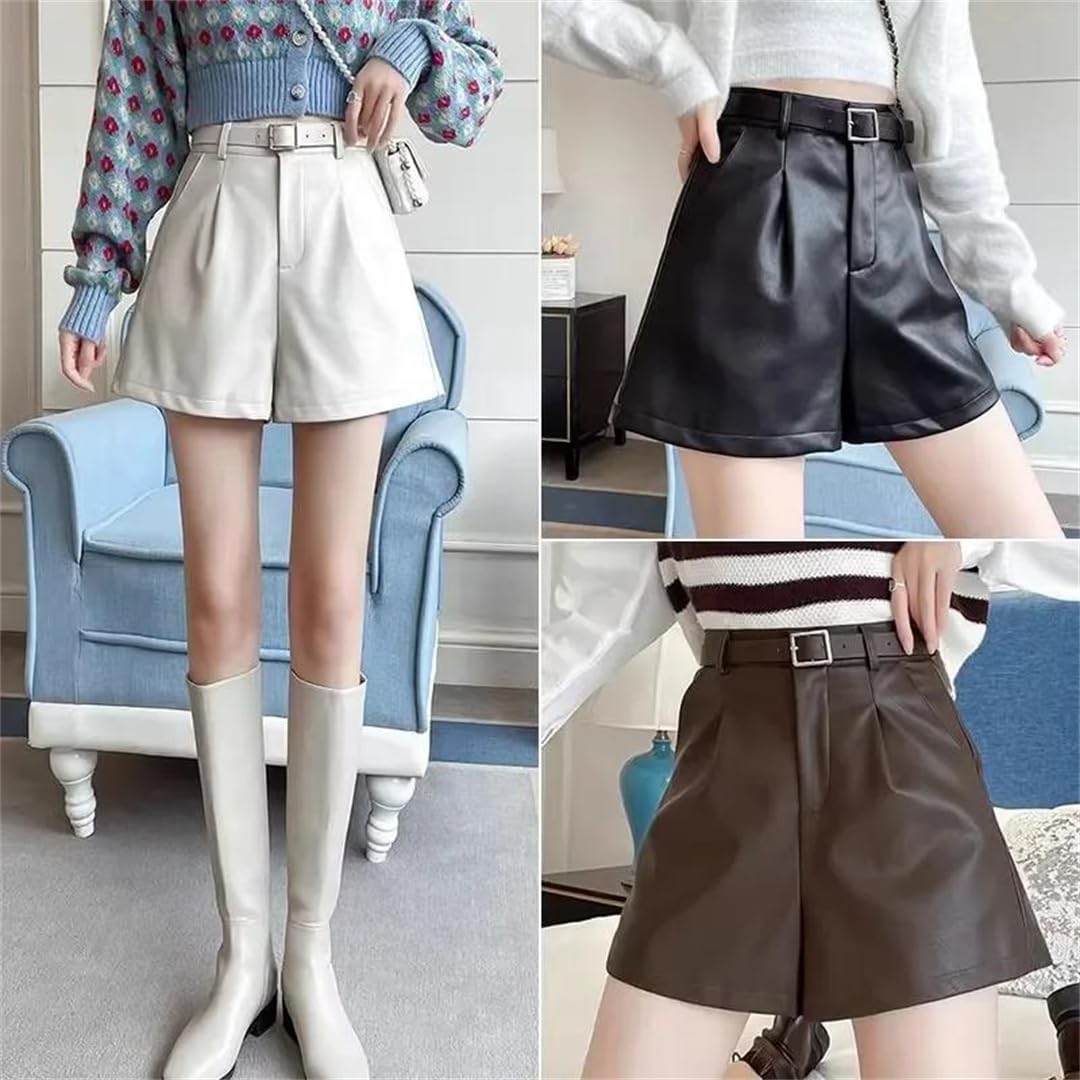 Women's Leather Shorts High-Waisted Slimming Casual Style Loose-Fit Wide-Leg Boot Pants