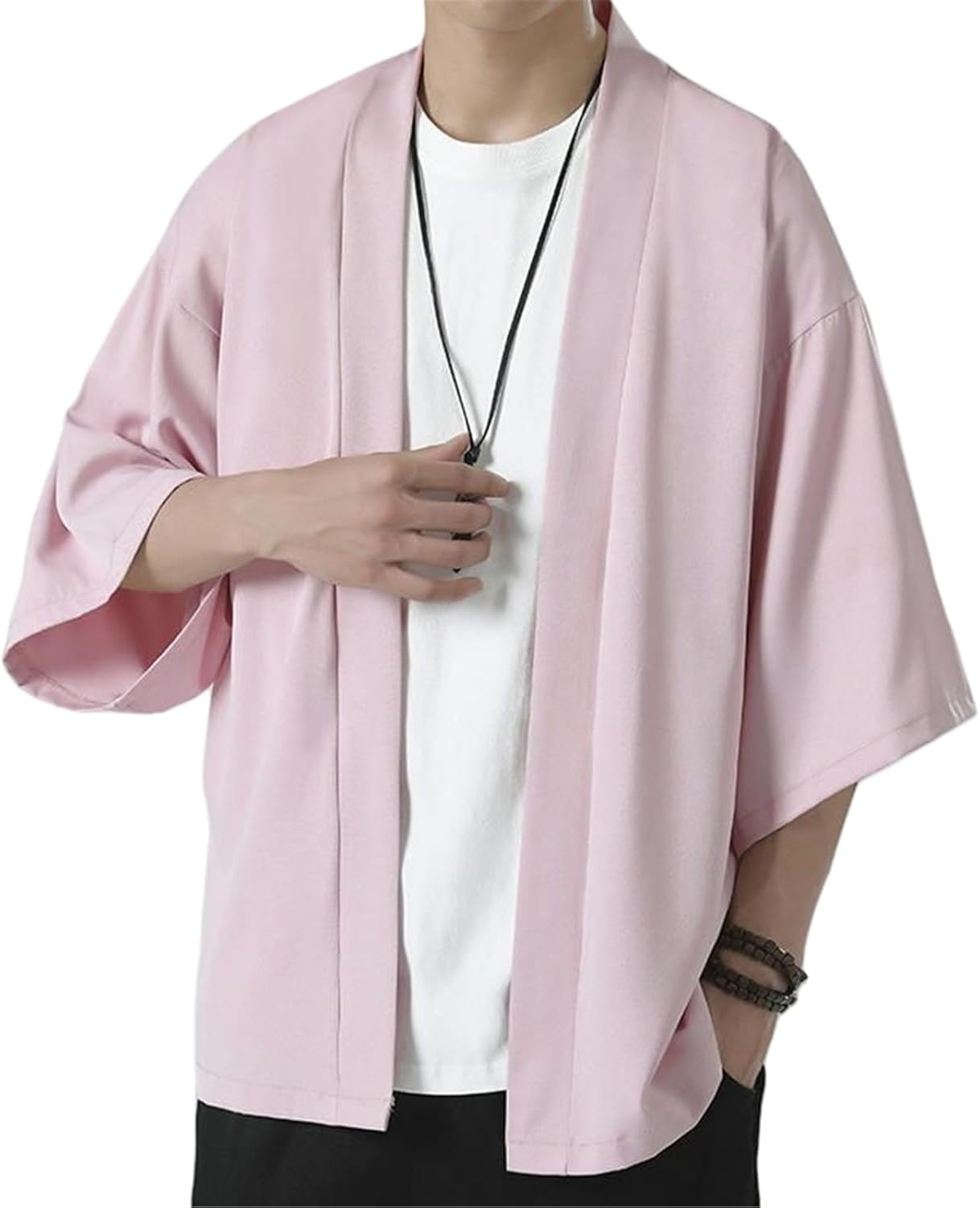Men's Summer Lightweight Loose Fit Solid Color Chinese Style Hanfu Ice Silk 3/4 Sleeve Open Front Shirt