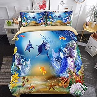 Marine life Bedding Set Underwater World Dolphin Mermaid Duvet Cover with Zipper Closure for Kids Children Duvet Cover Single Bed 135 x 200cm