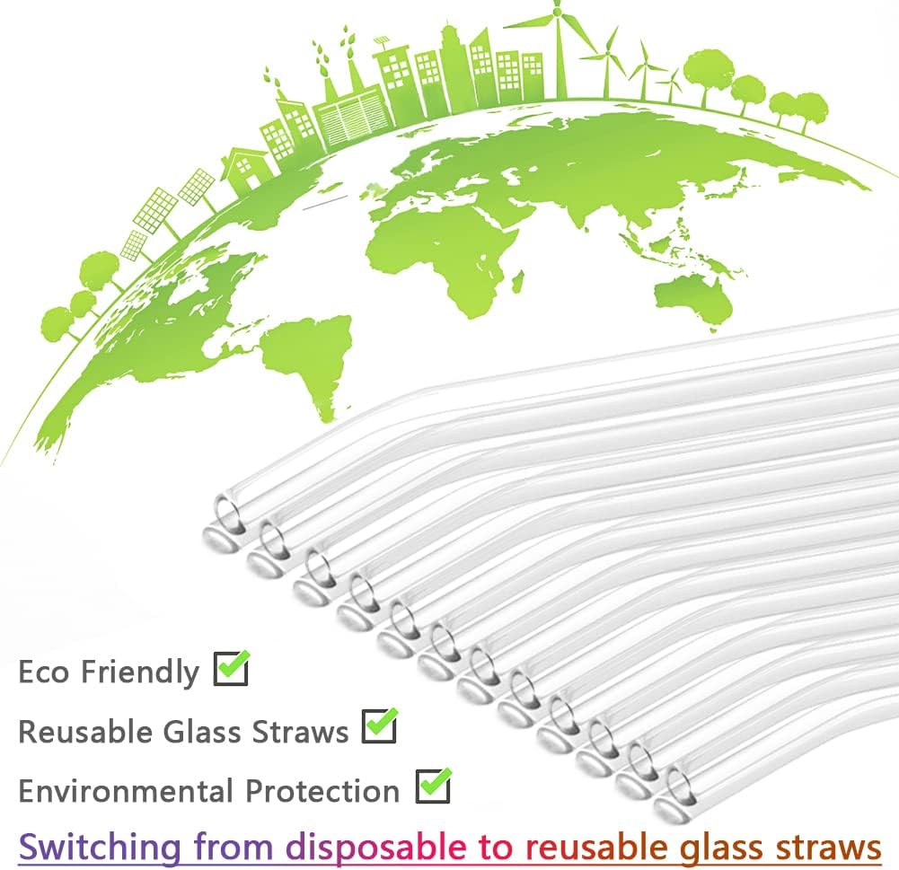 12 Pack Reusable Glass Straws - 8" x 8 MM, Bent Glass Drinking Straws with 2 Cleaning Brushes, Reusable Straws for Smoothies, Milkshake, Frozen Drinks, Tea, Juice