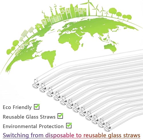 Miniatura 7 de Paquete de 12 pajitas de vidrio reutilizables - 0.315 x 0.315in, pajitas de vidrio dobladas con 2 cepillos de limpieza, popotes reutilizables para