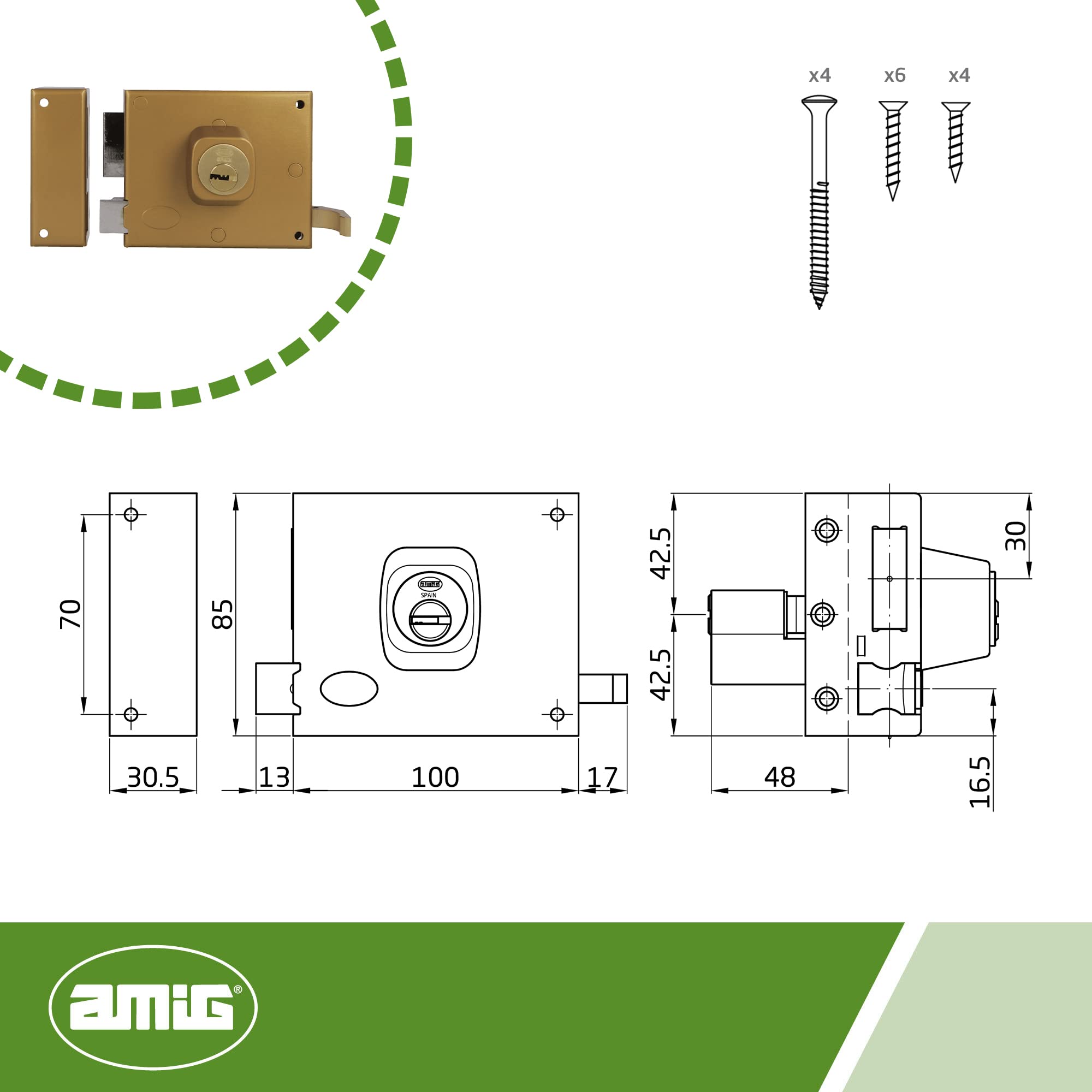 Amig - Cerradura de Sobreponer de Izquierda con Palanca de Cierre, Lengüeta y Tirador para Puertas de Madera Mod. 73, 100 x 85 mm, Pestillo Con Cilindro Europerfil, Acero Dorado