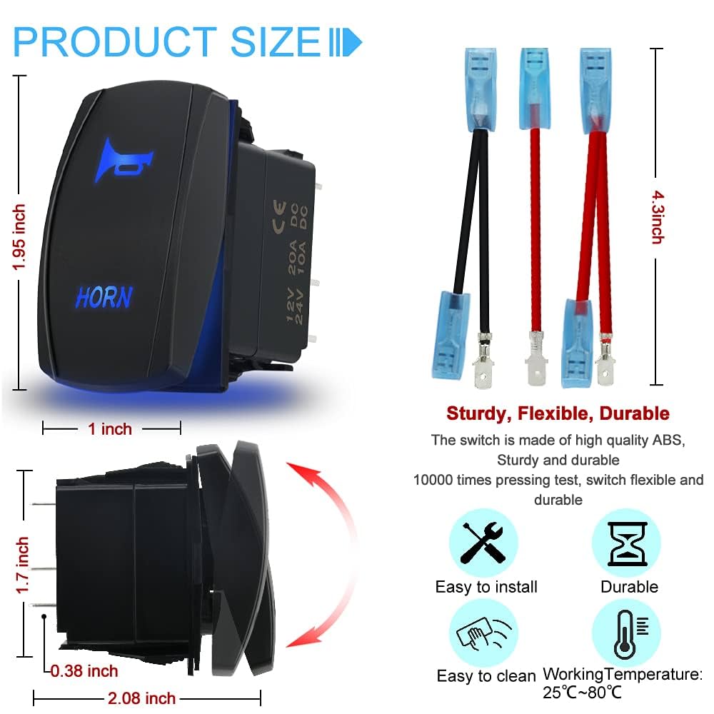 5 Pin Car Boat Rocker Switch Horn Pattern Blue LED Light 12V/20A 24V 10A