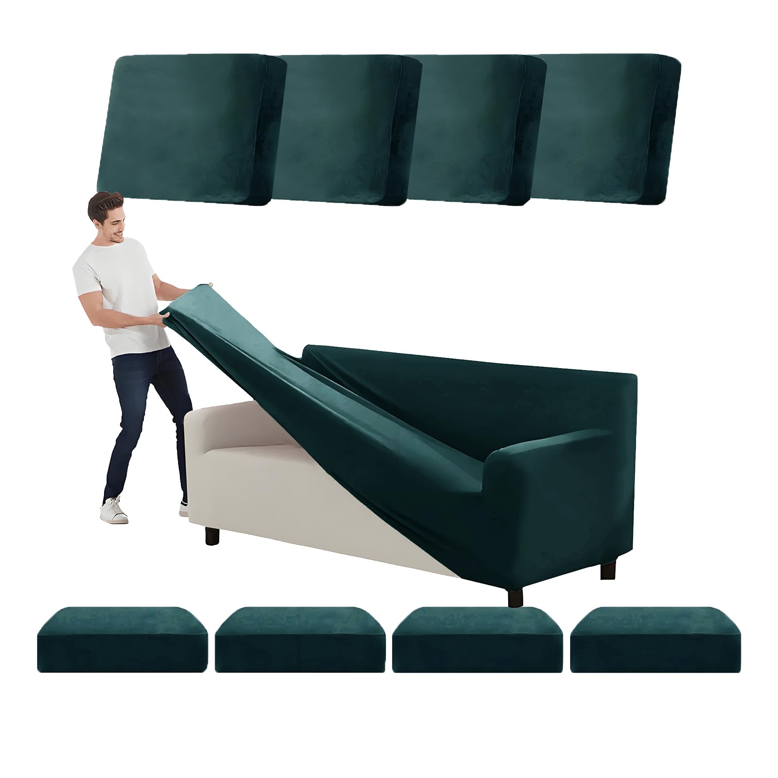 SYLC Stretch Ektorp Sofa Cover, Velvet Sofa Covers 1/2/3/4 Seater with Seat Cover and Back Cover, Non-slip Settee Covers Well-fitted (blue green,XL 235-300cm 9pcs)