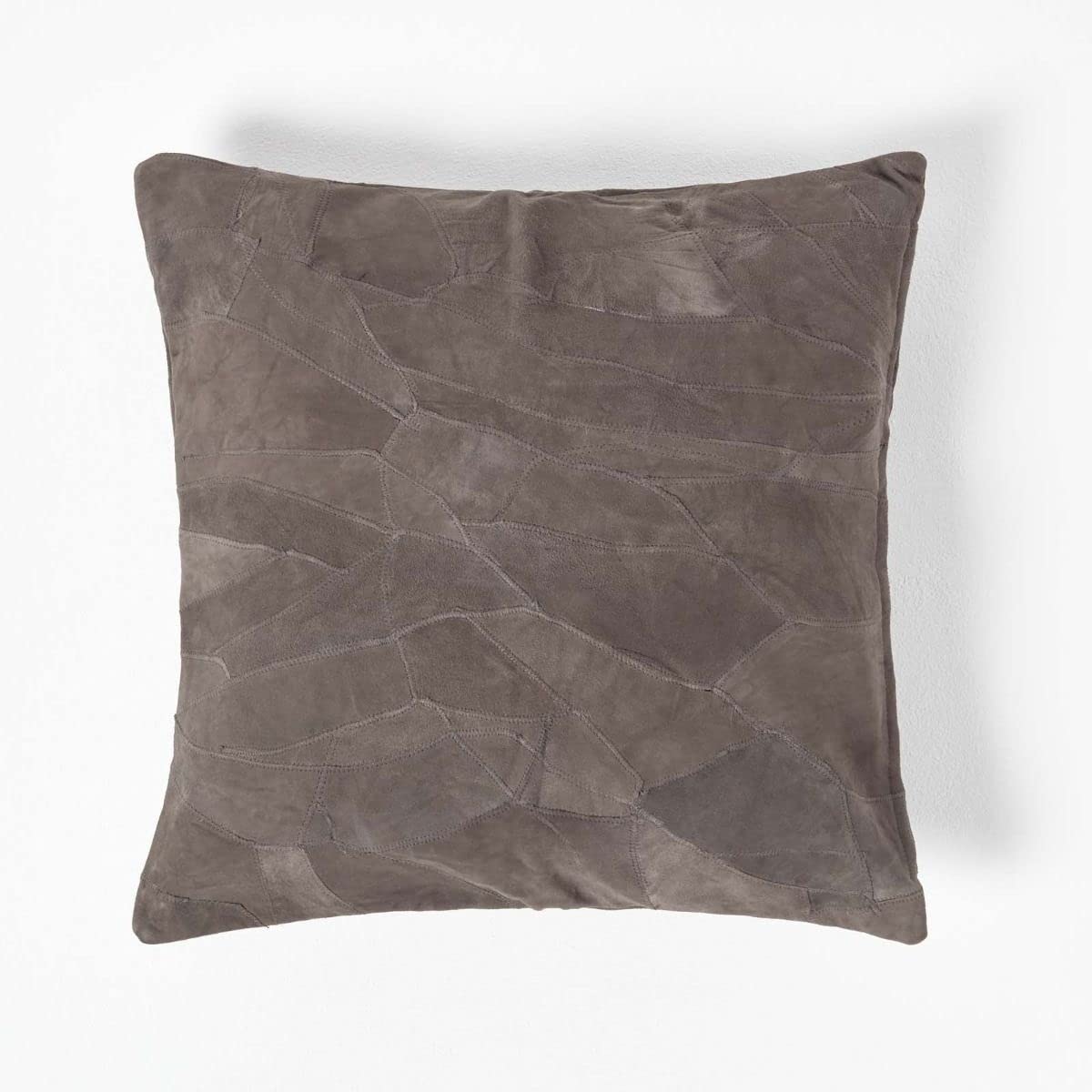Homescapes Unisex Grey Real Leather Suede Cushion With Feather Filling In | Size: 45 Cm X 45 Cm