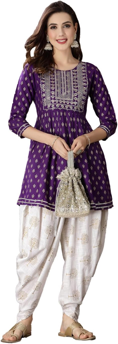 Women's Printed & Embroidered Rayon A-Line Kurti With Dhoti Pant