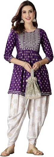 Stylum Women's Printed & Embroidered Rayon A-Line Kurti With Dhoti Pant