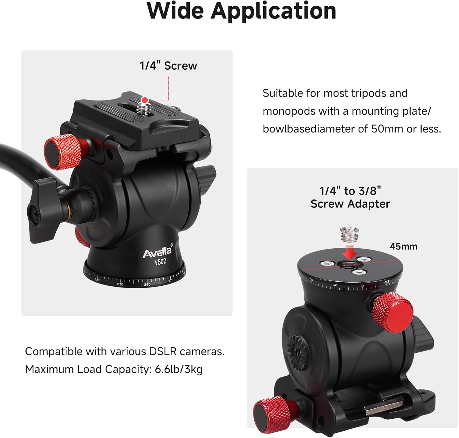 Avella Tripod Fluid Head Pan Tilt Head with Arca Type Quick Release Plate and Handle, Metal Panorama Head with Scaled Base for Compact Video Camera DSLR Camera, Load up to 6.6lb, V502