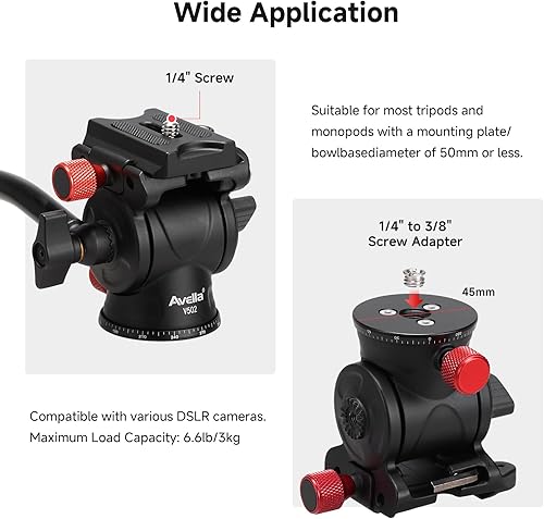 Miniatura 4 de Avella Cabezal de trípode con cabezal de inclinación panorámica con placa de liberación rápida tipo Arca y asa, cabezal panorámico de metal con base