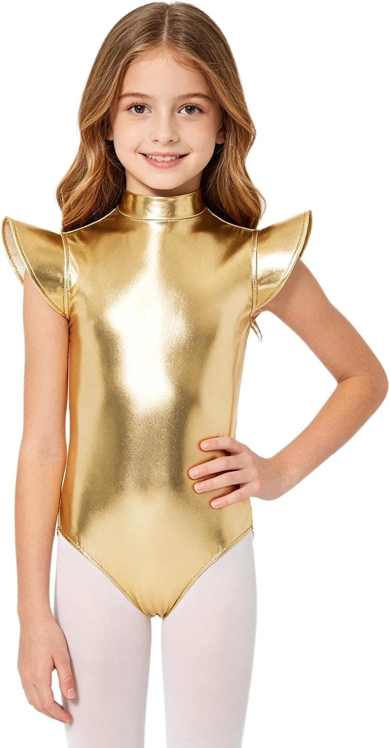 TTAO Kids Ballet Unitard Gymnastics Dance Leotard Workout Bodysuit Flying Sleeve Jumpsuit Dancewear