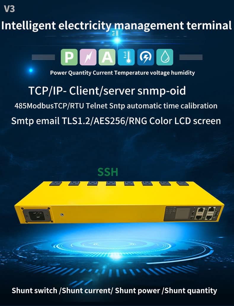 Smart PDU Cabinet Socket 8-Port 15 amps SSH telnet SNMP 485-TCP RTU Programming Development Network Remote Control Room Aging Rack Used (SNMP v1v2v3 telnet SSH Version)