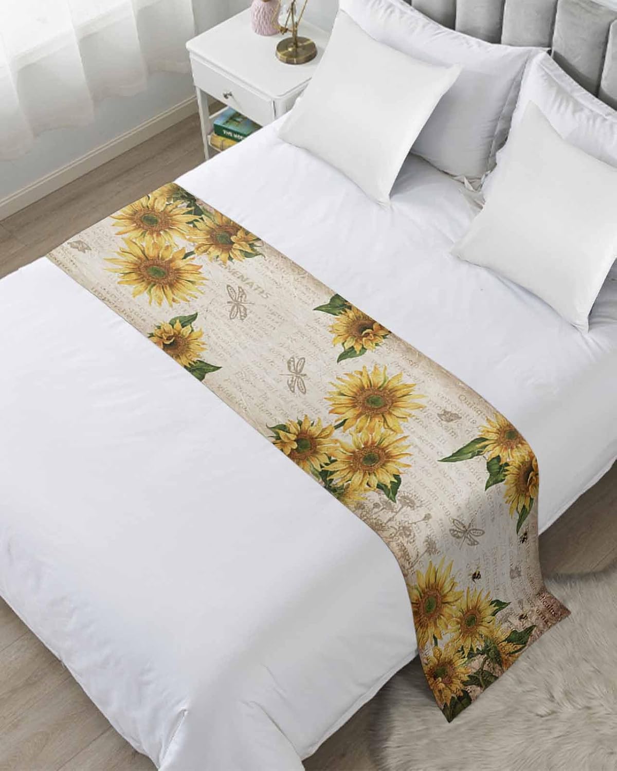 Chucoco Bed Runner Scarf Farmhouse Sunflowers,Bedding Scarves for Food of Bed King Size Luxury Bed Scarf, Rural Floral Dragonfly Home Bedroom Hotel Wedding Decorations 102"x20" Old Newspaper