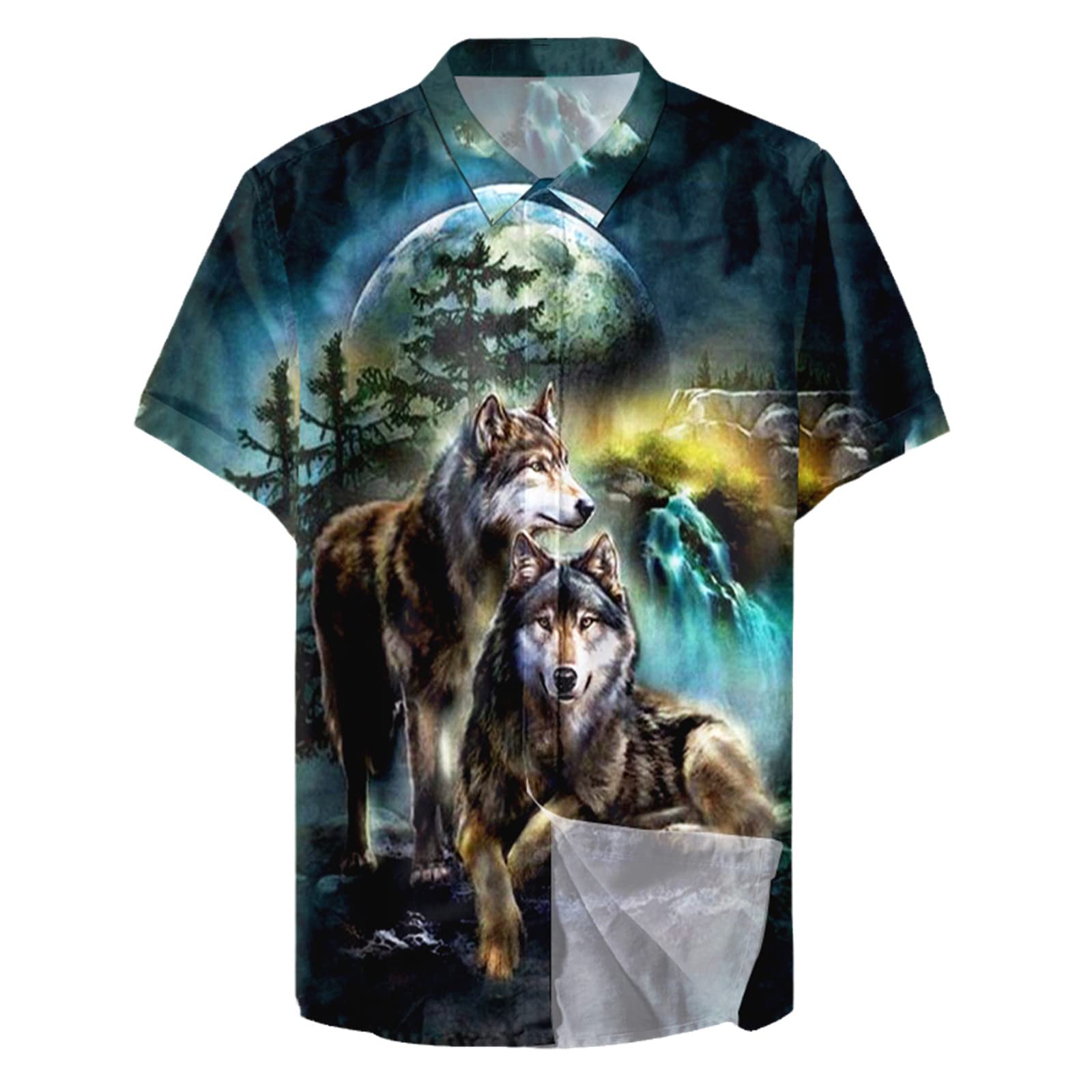 UIOKLMJH Men Anime Wolf Pattern Casual Hawaiian Shirt Tops