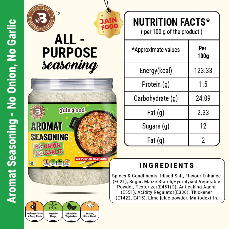 Image of Brew Lab NO Onion No Garlic Aromat Seasoning | Ideal For Jain Food | Flavor Enhancer | (250 g)