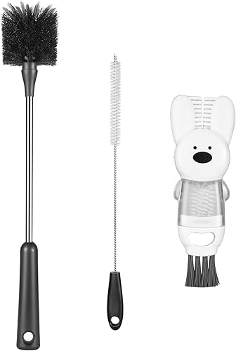 Paquete de 3 cepillos para botellas, juego de cepillos de limpieza de botellas de agua de mango largo de acero inoxidable que incluye popote y