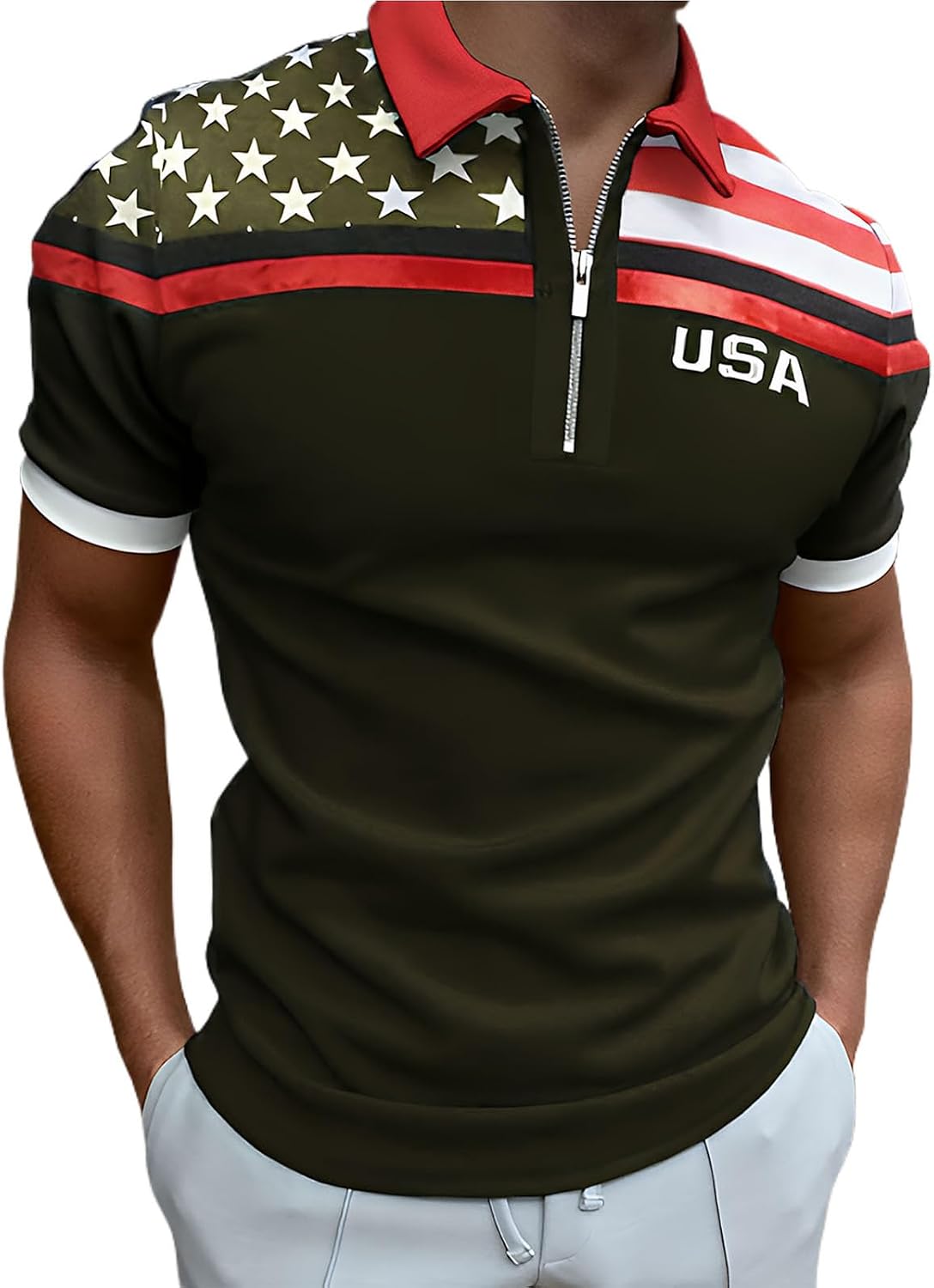 RTRDE Men's USA Polo Shirt Short Sleeve Quarter Zip Flag Print Athletic Workout Performance Collar Tshirts, S-3XL
