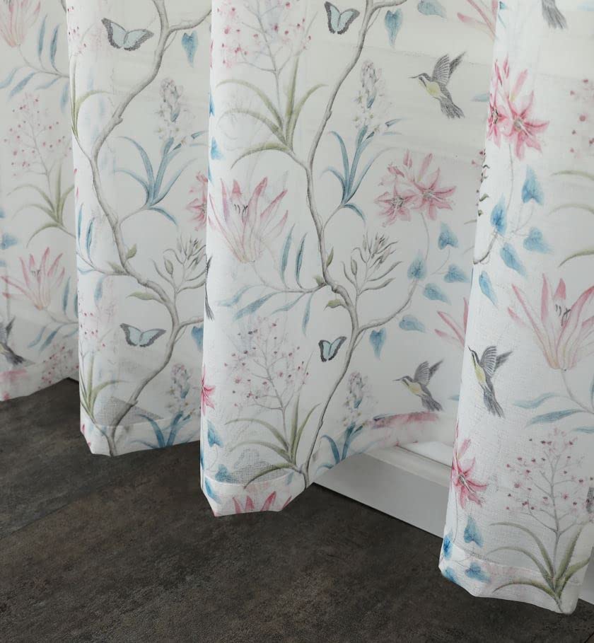 1 Pair Of Humming Bird Butterfly Floral Design Slot Top White Voile Panels - 55" (140cm ) x 48" (122cm) Drop - Image 4
