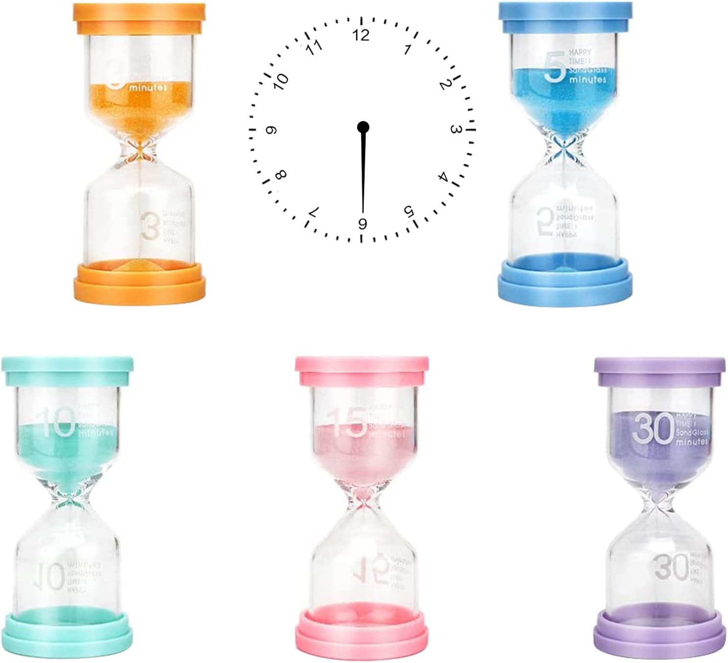 Set of 5 Timers, Hourglass Colourful Hourglass Set for Children, Hourglass, Egg Timers, 3, 5, 10, 15, 30 Minute Timer for Children, School, Children's Teeth Brushing, Nursery, Office, Home Decoration