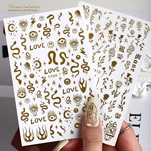 4 Sheets Gold Nail Stickers Bronzing Rose Snake Eyes Heart Nail Art Decorations 3D Self-Adhesive Stickers For Acrylic Nail Art Design Women Nail Decorations #TOP4