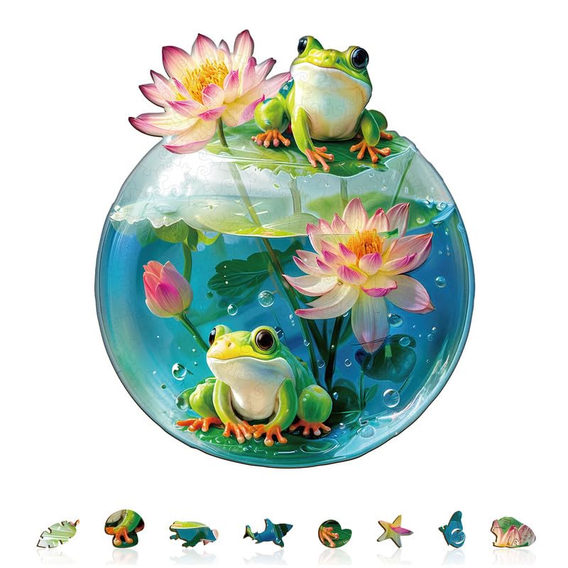 Jigfoxy Wooden Puzzles for Adults, 225-Piece Lotus Pond Frog Jigsaw Puzzle, Unique Animal-Shaped Jigsaw Puzzle for Adults and Teens, Creative Gift with Premium Wooden Box,13.4 * 11.7in