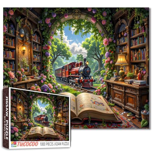 Magical Library Train Journey 1000 Piece Jigsaw Puzzles for Adults and Beginner Archway Storybook Puzzles Challenging Family Activity Games DIY Craft Puzzle for Home Decor Gifts 19.7 x 27.6 in