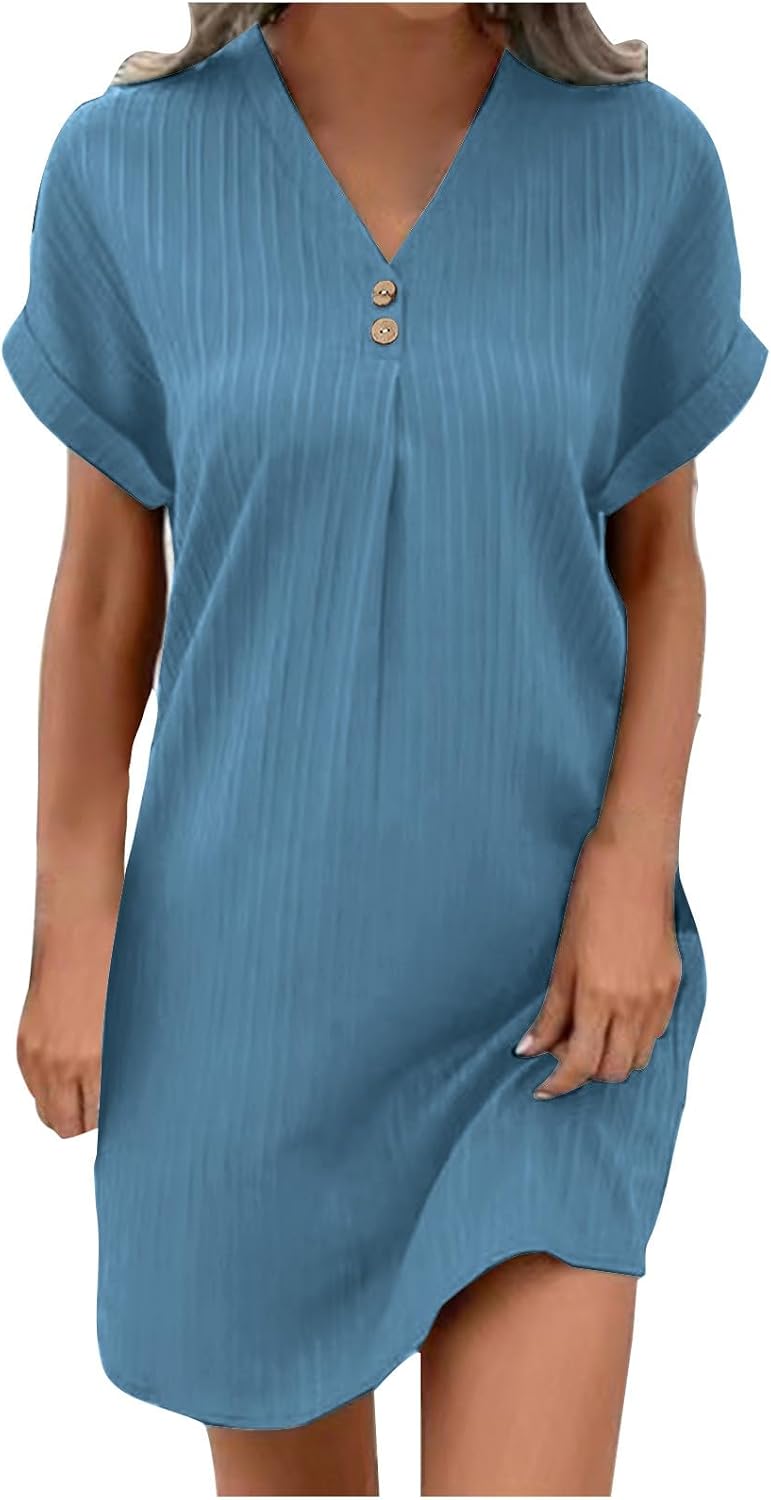 Women's Summer Short Sleeve Shirt Dress Button Up V Neck Casual Mini Sundress Textured Tunic Dresses