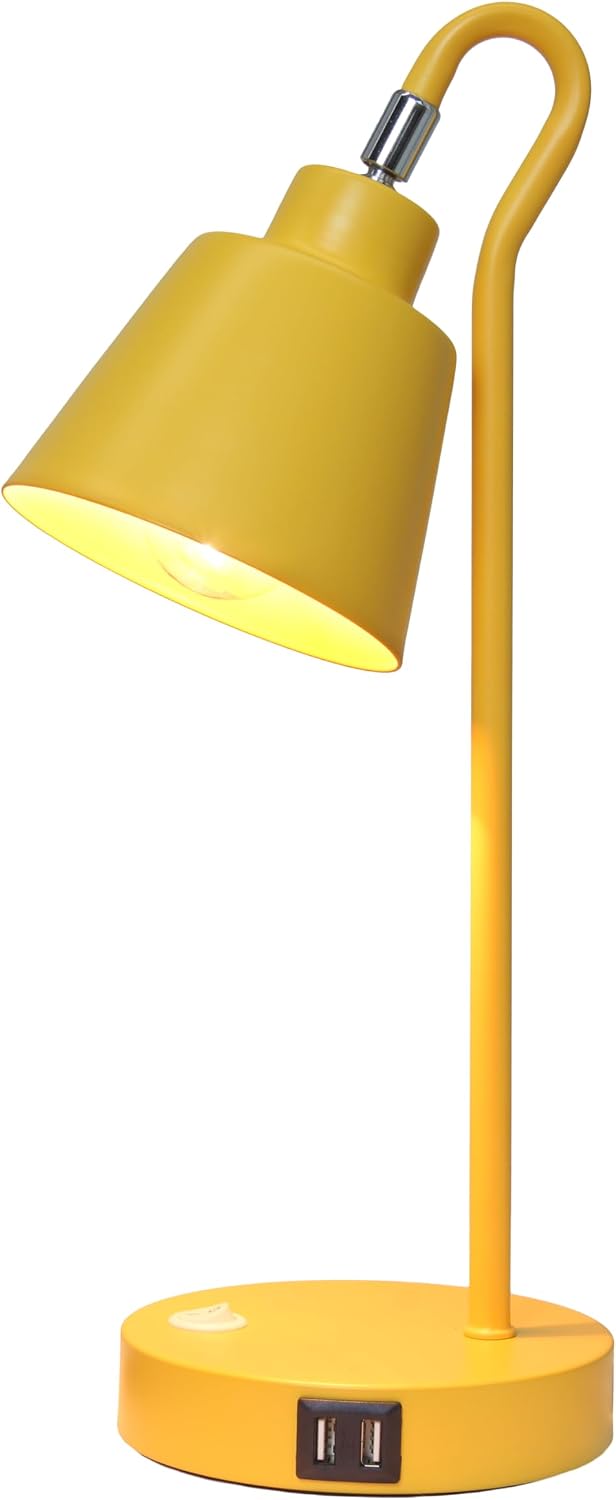 Simple Designs LD1073-YLW 16" Sleek Essentials Metal Looped Desk Task Lamp with Adjustable Shade and Dual USB Ports, for Office, Desk, Nightstand, Yellow