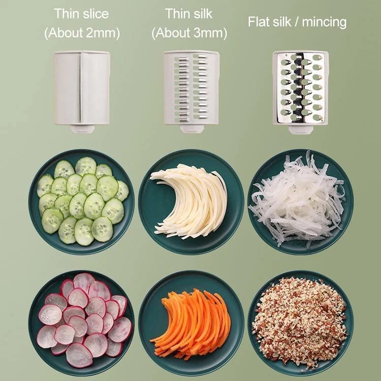 Image of Rotary Vegetable Slicer and Grater, 4-in-1 Mandoline with Slicing, Julienne, Shredding Blades, Green, Large Feed Port with Suction Base