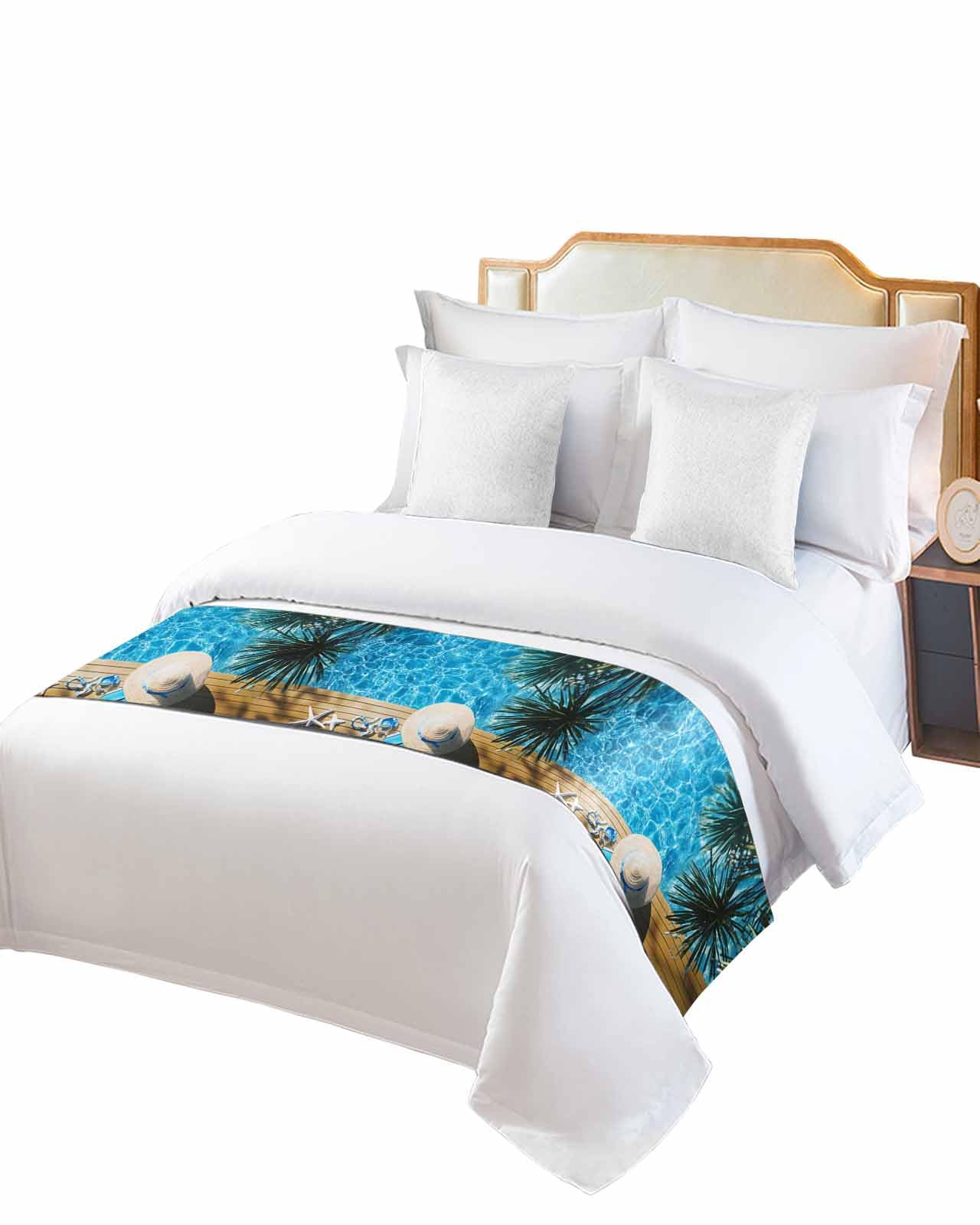 Twin Bed Runner Summer Blue Ocean Water Ripple Bedding Runner Scarves Decorative Bed Scarf, Straw Hat on Brown Board Soft Bedding Scarf for Bedroom Hotel Wedding 94x20in