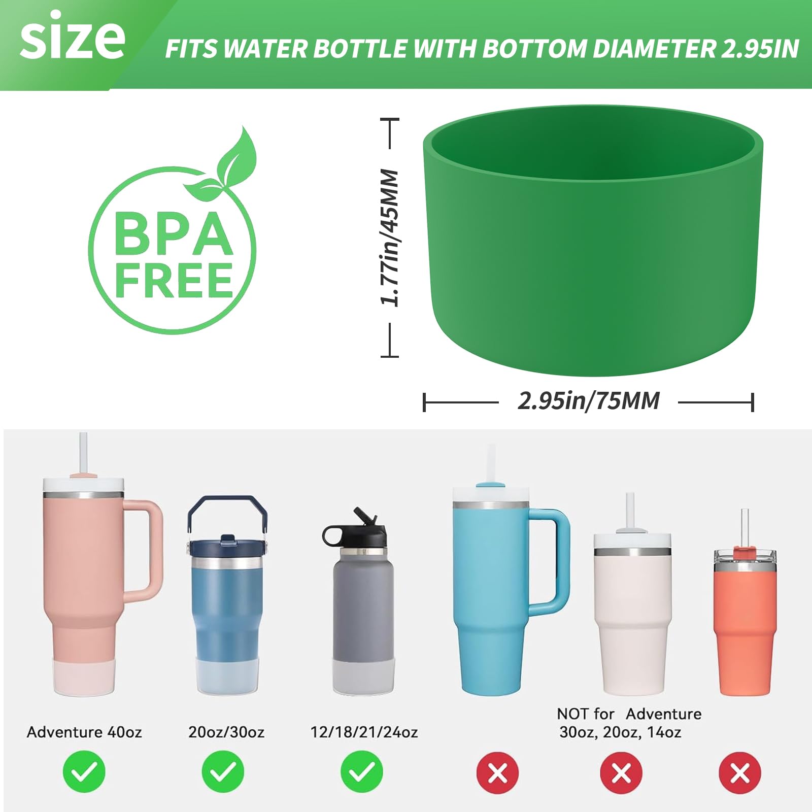 Silicone Bumper Boot for Stanley Quencher H2.0 40 oz 30 oz Tumbler with Handle & Stanley IceFlow 20oz 30oz, Protective Water Bottle Bottom Sleeve Cover, Tumbler Accessories (Green)