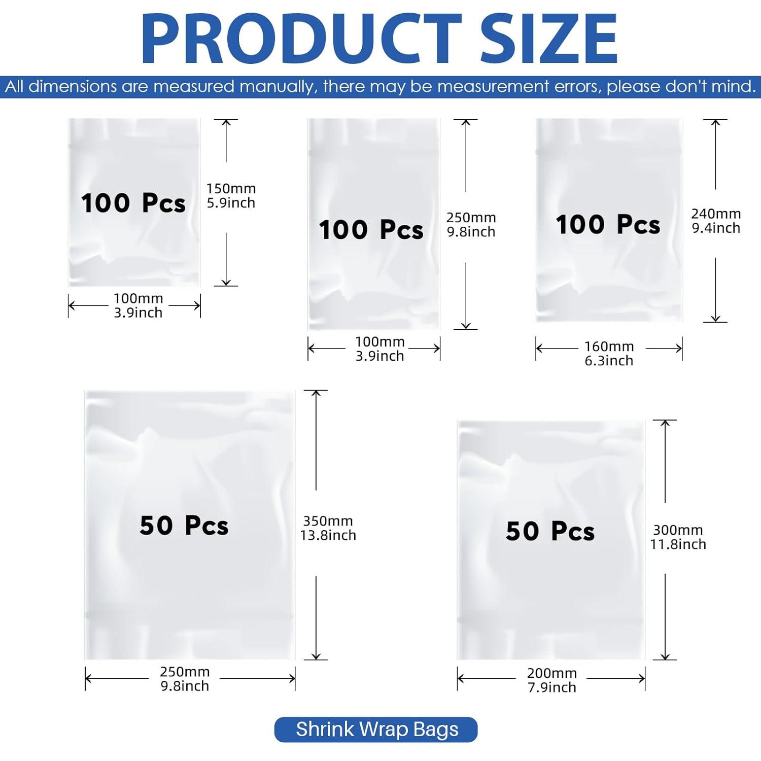 Glarks 400Pcs Shrink Wrap Bags, 5 Sizes PVC Clear Heat Shrink Wrap Band Heat Shrink Films for Shoe Protection Avoid Sole Yellowing and Keep Dust Away