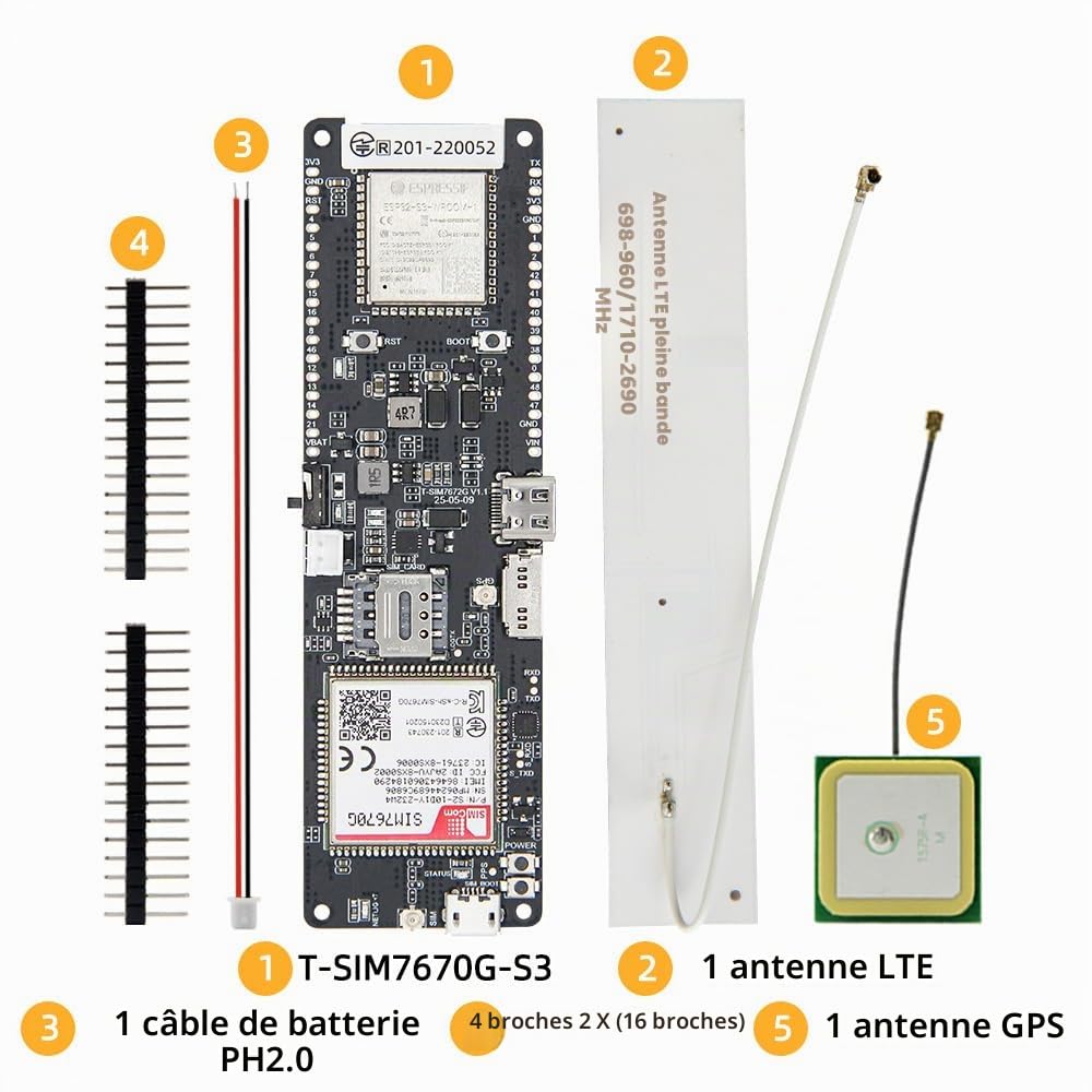 LILYGO T-SIM7670G-S3 ESP32-S3 4G LTE Carte de développement TTGO pour appareils IoT de communication cellulaire sans fil à faible consommation et longue portée avec GPS