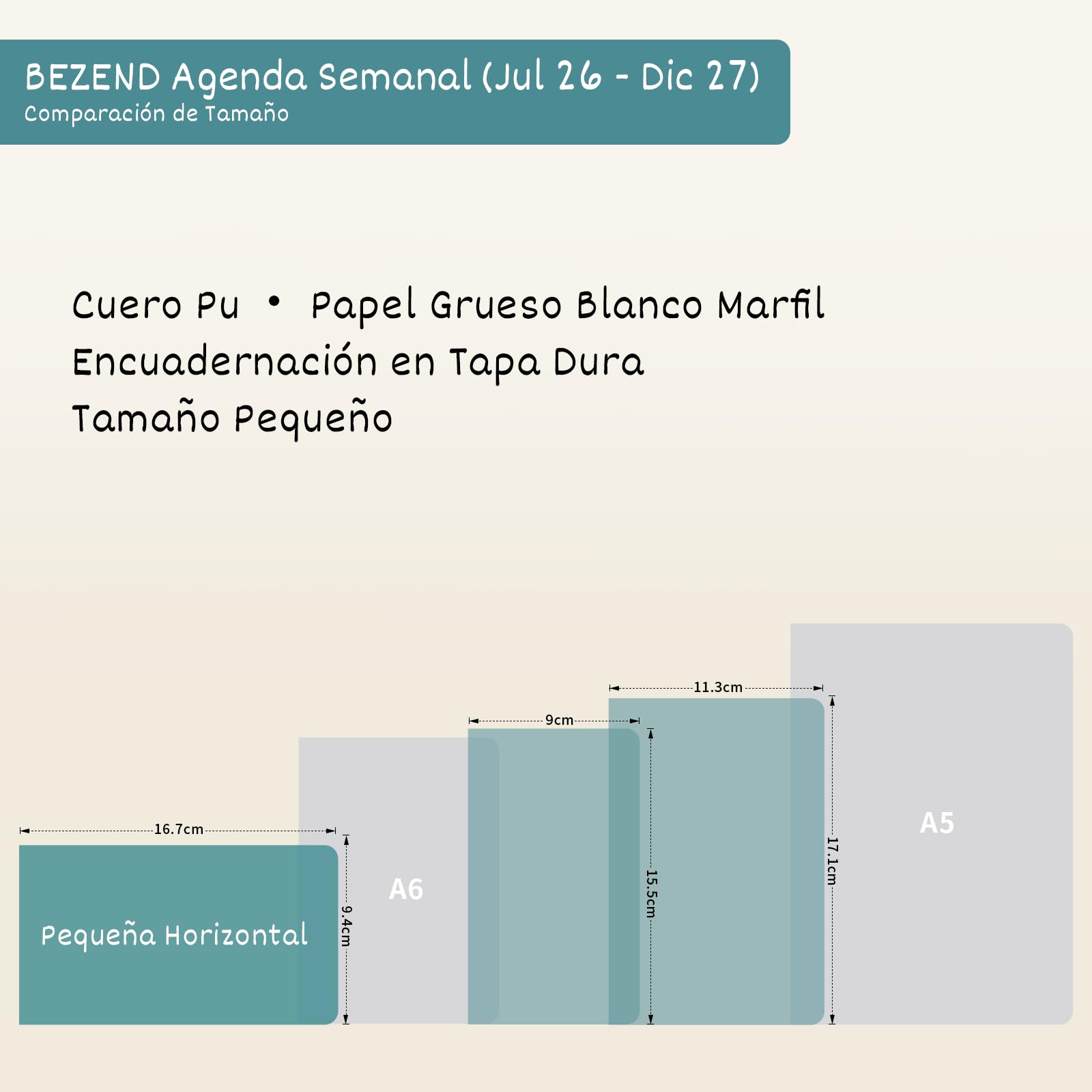 BEZEND Agenda Escolar 2026 2027 Semana Vista Pequeña, 18 Meses de Jul.26 a Dic.27, Agenda Semanal de Bolsillo 16,7 x 9,4 cm, Formato Horizontal, Borde de Oro Rosa, Tapa Dura Cuero PU, Beige