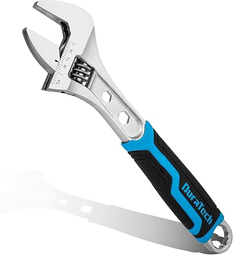DURATECH Llave ajustable de 10 pulgadas, llave 3 en 1 con función de extremo de cajahexagonal, acero CR-V, escala métrica y SAE, cromada, agarre