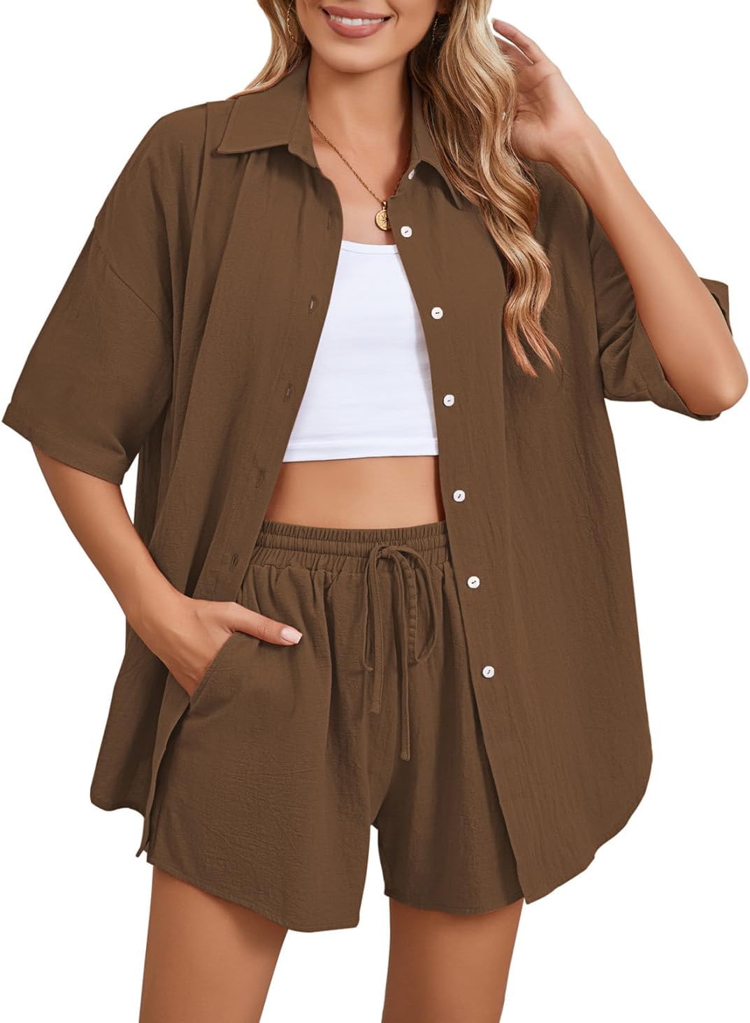 Fixmatti Women 2 Piece Outfits Long Sleeve Button Down Blouse and Shorts Sweatsuit Sets