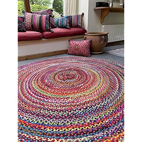Second Nature Online Sundar Large Round Braided Fabric Rug Hand Made Flat Weave with Multi Colour Recycled Fabric 150 cm Diameter Cover