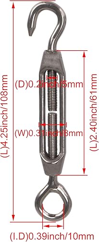 Miniatura 4 de BQLZR M4, Tensor de cable de acero, gancho y ojo, acero inoxidable 304, paquete de 5